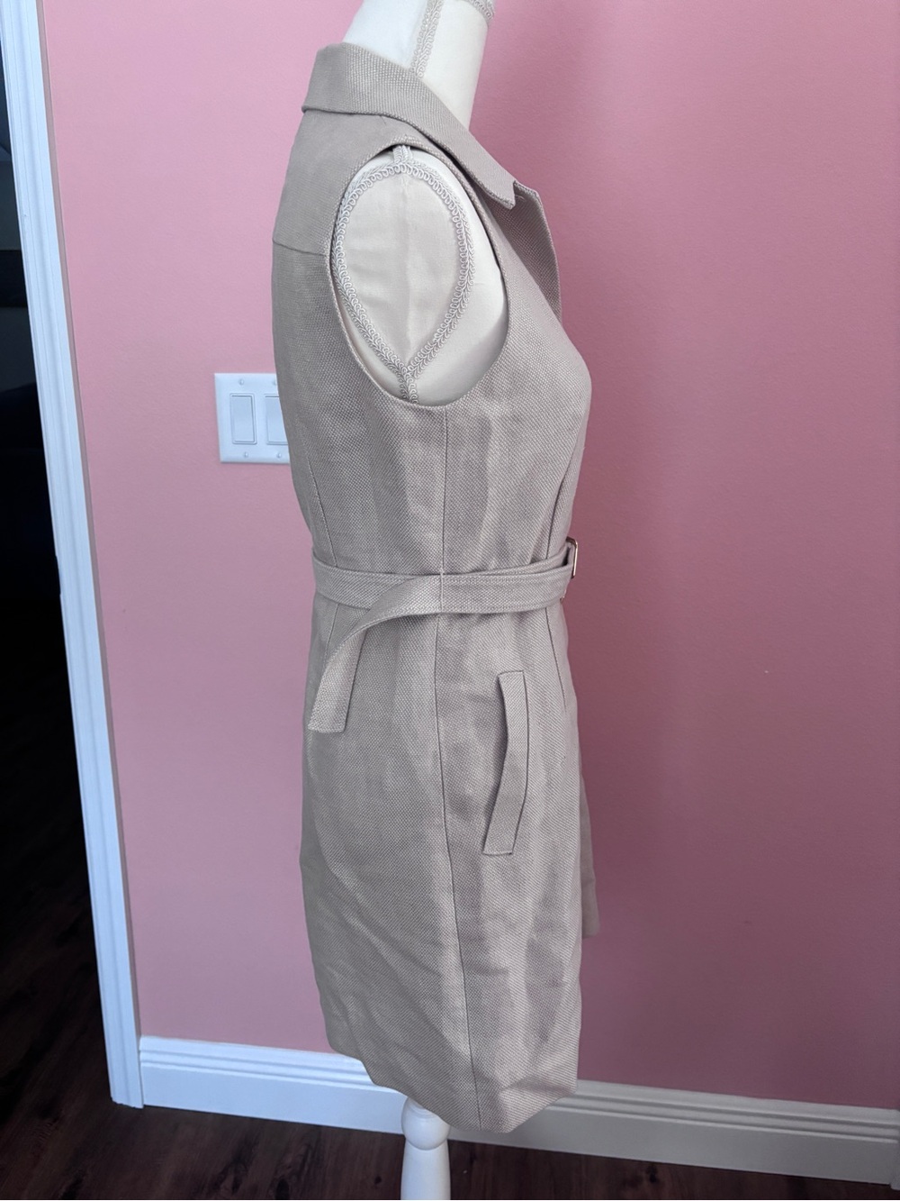 Theory Linen Blend Military Sleeveless Belted Mini Dress in Taupe - Picture 2 of 7